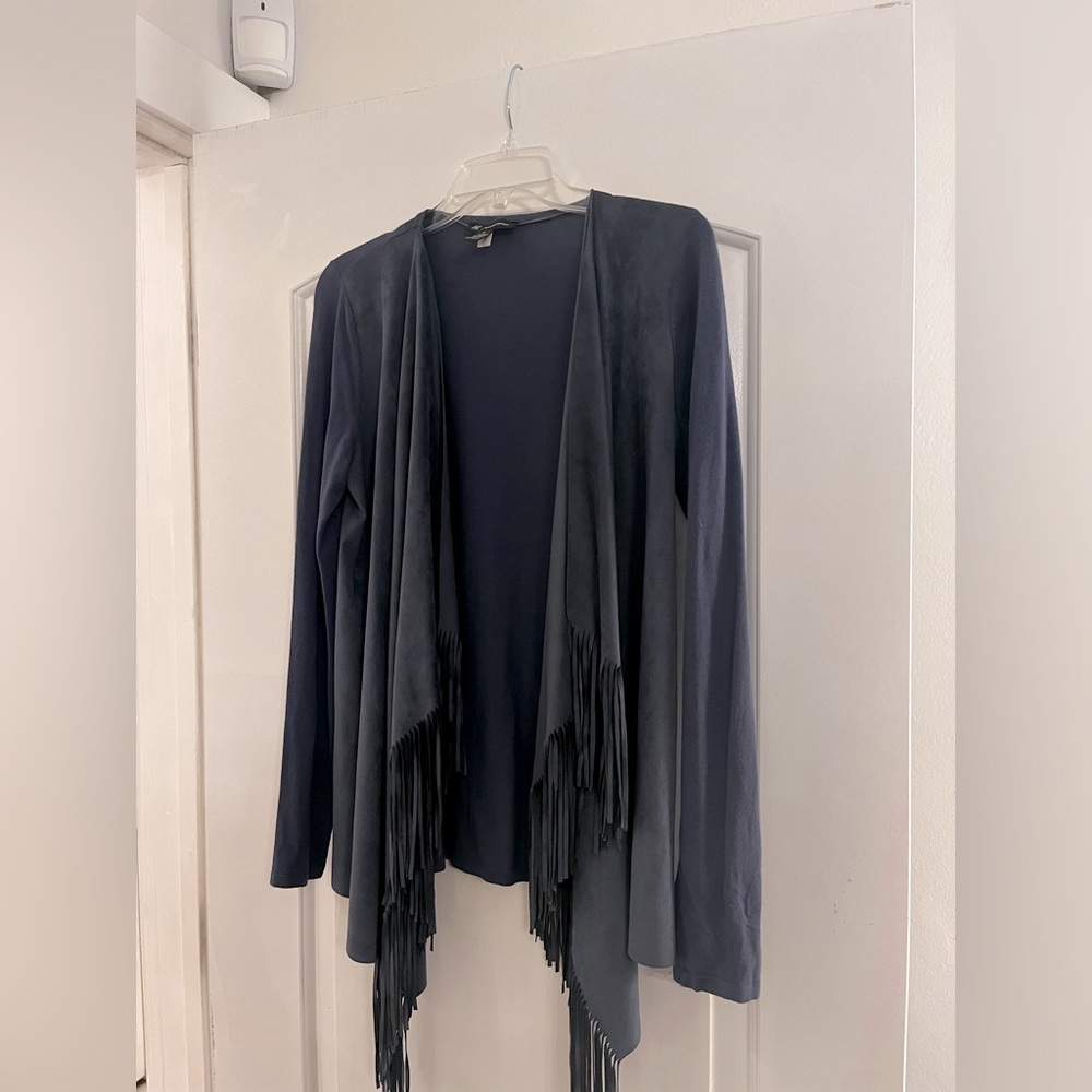 INC. dusty blue open front sweater jacket, size M. Front imitates suede.